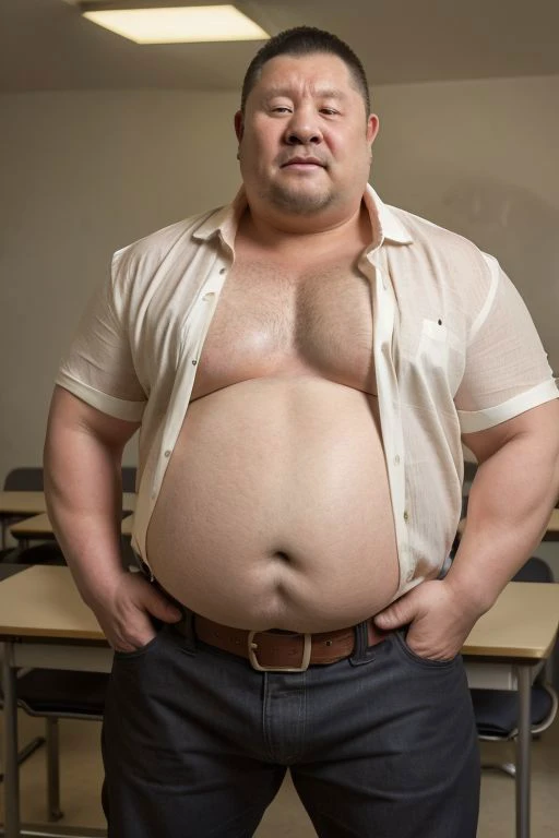 4k quality, solo, middle-aged male, Chinese man, China face, massive pec, strong muscles, big belly, black hair, teacher, light white shirt tucked into pants, ((open shirt)), tie, belt, heat, sweat stains, sweat all over, shame, grey gloomtache, ((erect)), (((raising the crotch))), massive pec, blush,drunk satisfied looking, standing, class room, realistic, realistic lighting, intricate detail, photorealistic, highres, captured in a wide view by Tim Walker, foot view, <lora:Chubby_man_2:0.6>