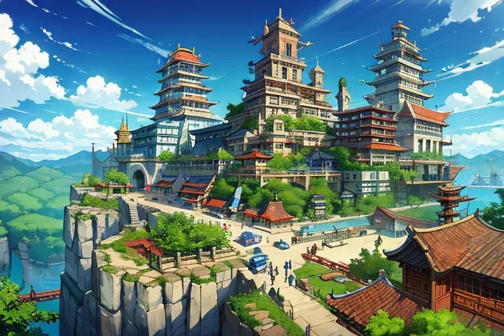 (Wuxia:1.5) BREAK Clockwork City: A city where every element works in perfect synchrony, reflecting precision and finesse. The city is filled with intricate machinery and clockwork devices that move fluidly and accurately. The layout is meticulously planned, with moving walkways and rotating buildings, showcasing the high degree of control and coordination. Gears, pulleys, and levers, all operating in harmonious precision, with acrobatic figures navigating the environment effortlessly. BREAK Spectacular landscape overview with cultivation references.