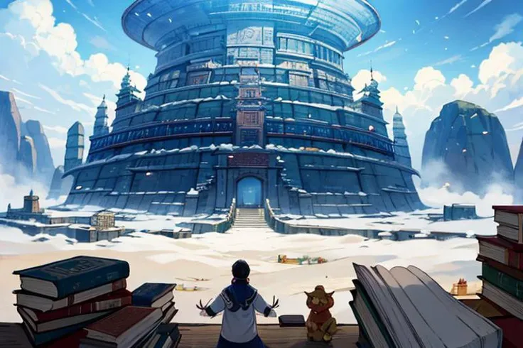 (Wuxia:1.5) BREAK Towering Library Fortress: A colossal fortress made of books and knowledge repositories, stretching into the clouds. This fortress symbolizes the accumulation of wisdom and strategic thinking. Inside, endless rows of books, scrolls, and data points intersect with holographic models and virtual reality zones for real-time problem solving. Grand halls filled with floating books, illuminated manuscripts, and scholars engaged in deep thought or debates. BREAK Spectacular landscape overview with cultivation references.