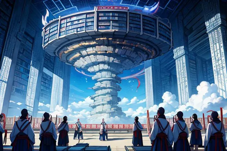 (Wuxia:1.5),(Surrealism:1.5),epic composition, BREAK Towering Library Fortress: A colossal fortress made of books and knowledge repositories, stretching into the clouds. This fortress symbolizes the accumulation of wisdom and strategic thinking. Inside, endless rows of books, scrolls, and data points intersect with holographic models and virtual reality zones for real-time problem solving. Grand halls filled with floating books, illuminated manuscripts, and scholars engaged in deep thought or debates.