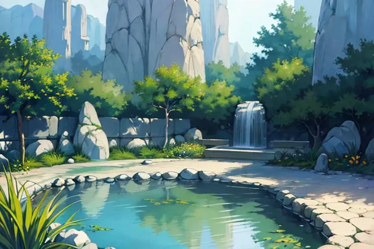 (Wuxia:1.5),(Surrealism:1.5),epic composition, BREAK Tranquil Zen Garden: A serene and perfectly balanced garden representing calmness, focus, and emotional regulation. The garden features smooth stone pathways, carefully raked sand, and perfectly pruned trees. Each element is deliberately placed to encourage meditation and reflection, illustrating the mastery over one s internal state. Reflective pools, tranquil waterfalls, and balanced rock formations, with figures meditating or practicing slow, controlled movements like Tai Chi.