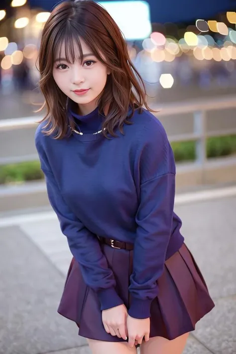 (skin blemish:1.2),1women, 28 yo, (((woman))), (skindentation), gorgeous, solo, realistic, best quality, photorealistic, masterpiece, 8k, high res, solo, extremely detailed face, cowboy shot, bust shot, passport photo, fullface, (professional lighting, bokeh), (light particles, lens flare, glowing particles:0.6), (dynamic pose:1.2), soft lighting, top angle view, fashionable and trendy atmosphere, japan, tokyo, ((nighttime)), ((looking at the viewer)), (looking at the camera),(portrait:0.6), standing, uppper body, facial close up, (small breast:1), (long hair), brown hair, floating hair, nose, lips, lipstick, seductive smile, floating hair, mole, (cheekbone:1), (mole under eye:1.2), high neck sweater, no sleeves sweater, jacket, skirt, <lora:HoshinoY:0.8>