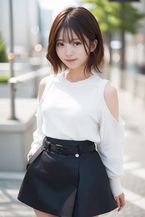 (skin blemish:1.2), (skindentation), black eye, 1woman, 25yo, (((woman))), solo, realistic, best quality, photorealistic, masterpiece, 8k, high res, solo, extremely detailed face, (professional lighting, bokeh), (light particles, lens flare, glowing particles:0.6), (dynamic pose:1.2), soft lighting, top angle view, fashionable and trendy atmosphere, japan, street, city, tokyo, harbour, ((daytime)), sky, ((looking at the viewer:1)), (looking at the camera),(portrait:0.6), cowboy shot, gorgeous, standing, keep original facial proportion, wide shoulder, full body, (small breast), (short hair), brown hair, floating hair, lips, lipstick, seductive smile, floating hair, smile, open_mouth, teeth, (sleeves less white blouse), (jumper skirt), eyelashes, mole, (mole under eye:1),      <lora:HoshinoY_V2:0.75>