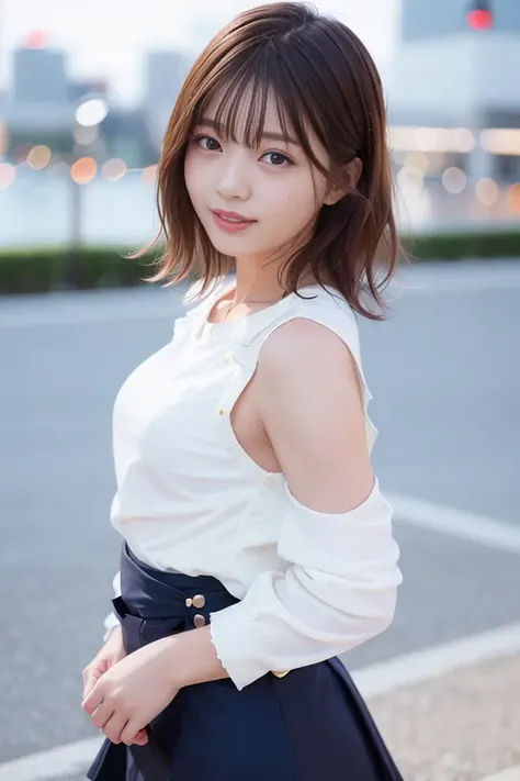 (skin blemish:1.2), (skindentation), black eye, 1woman, 25yo, (((woman))), solo, realistic, best quality, photorealistic, masterpiece, 8k, high res, solo, extremely detailed face, (professional lighting, bokeh), (light particles, lens flare, glowing particles:0.6), (dynamic pose:1.2), soft lighting, top angle view, fashionable and trendy atmosphere, japan, street, city, tokyo, harbour, ((daytime)), sky, ((looking at the viewer:1)), (looking at the camera),(portrait:0.6), cowboy shot, gorgeous, standing, keep original facial proportion, wide shoulder, full body, (small breast), (short hair), brown hair, floating hair, lips, lipstick, seductive smile, floating hair, smile, open_mouth, teeth, (sleeves less white blouse), (jumper skirt), eyelashes, mole, (mole under eye:1), <lora:HoshinoY_V2:0.75>