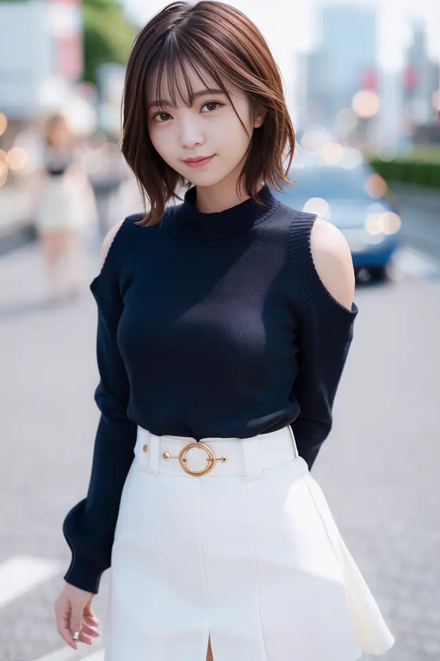 (skin blemish:1.2), (skindentation), black eye, 1woman, 25yo, (((woman))), solo, realistic, best quality, photorealistic, masterpiece, 8k, high res, solo, extremely detailed face, (professional lighting, bokeh), (light particles, lens flare, glowing particles:0.6), (dynamic pose:1.2), soft lighting, top angle view, fashionable and trendy atmosphere, japan, street, city, tokyo, harbour, ((daytime)), sky, ((looking at the viewer:1)), (looking at the camera),(portrait:0.6), cowboy shot, gorgeous, standing, keep original facial proportion, wide shoulder, full body, (small breast), (short hair), brown hair, floating hair, lips, lipstick, seductive smile, floating hair, smile, open_mouth, teeth, (sleeves less white blouse), (jumper skirt), eyelashes, mole, (mole under eye:1), <lora:HoshinoY_V2:0.75>