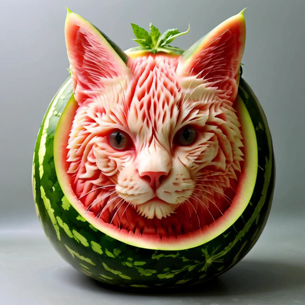 <lora:xiguadiaosdxllora:1>, watermeloncarving of a cat, highly detailed, <lora:mymerge_v1:0.25>