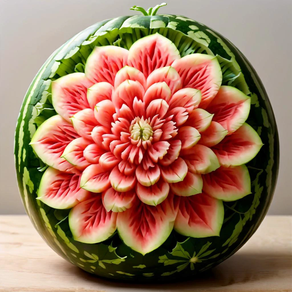 <lora:xiguadiaosdxllora:1>, watermeloncarving of a flower, highly detailed, <lora:mymerge_v1:0.25>