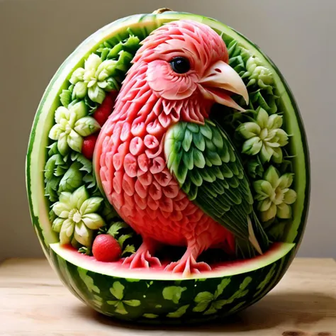 <lora:xiguadiaosdxllora:1>, watermeloncarving of a bird, highly detailed, <lora:mymerge_v1:0.25>