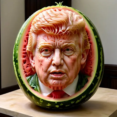 <lora:xiguadiaosdxllora:1>, watermeloncarving of donald trump, highly detailed, <lora:mymerge_v1:0.25>