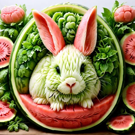 <lora:xiguadiaosdxllora:1>, watermeloncarving of a rabbit, highly detailed, <lora:mymerge_v1:0.25>