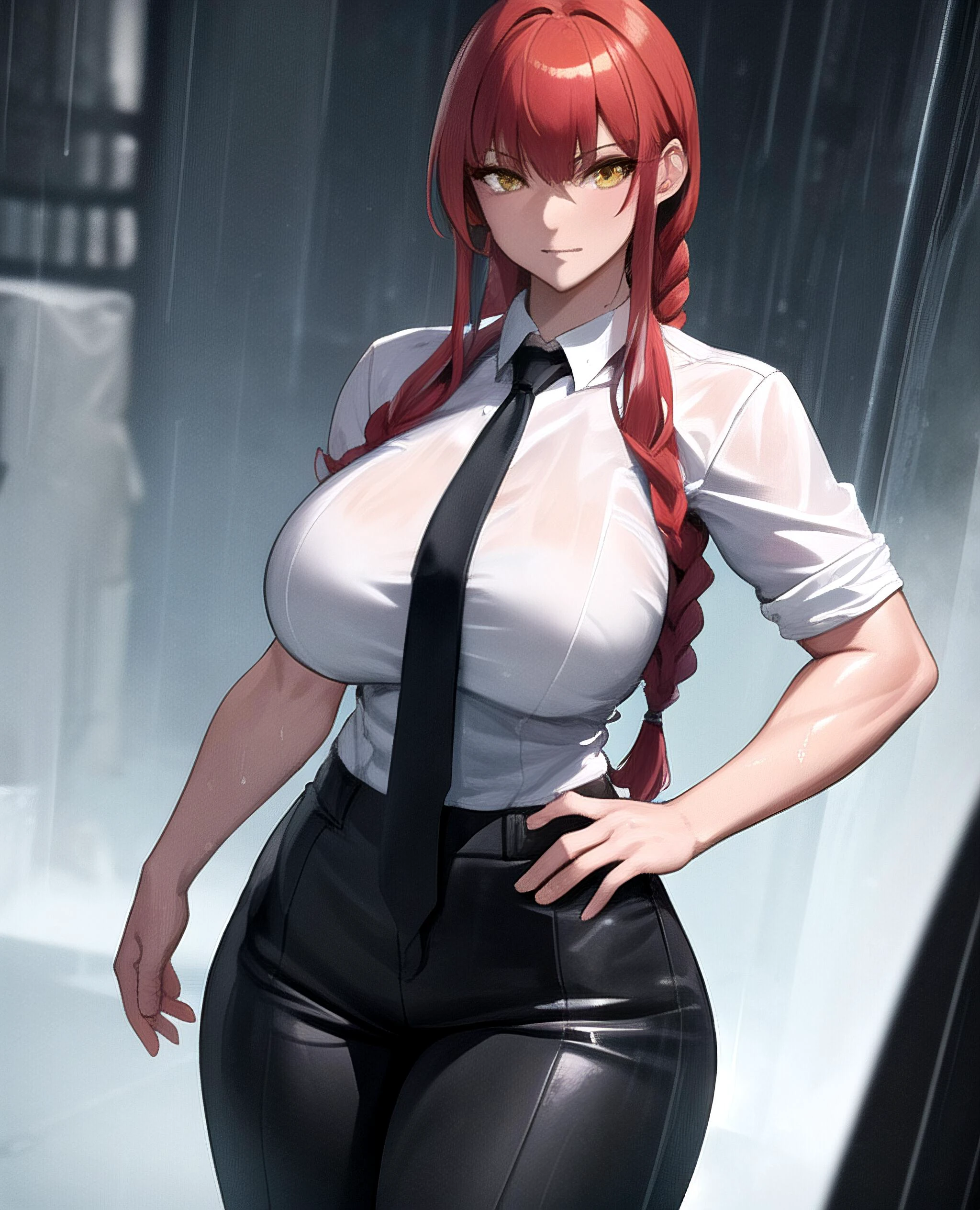 3d picture, 8k, digital painting, high details, raining,
mature woman, pretty face, detailed face, huge tits, large breasts, wide hips, tight clothes, wet cloths,
<lora:muscle_mommy:0.6> , muscle mommy, muscular female, mature female, muscles, abs, biceps,
<lora:3DMM_V12:0.4> , 3DMM,
<lora:makima_offset:0.42> , makima \(chainsaw man\), red hair, long braided hair, bangs, yellow eyes, white shirt, tie, black pants, necktie,