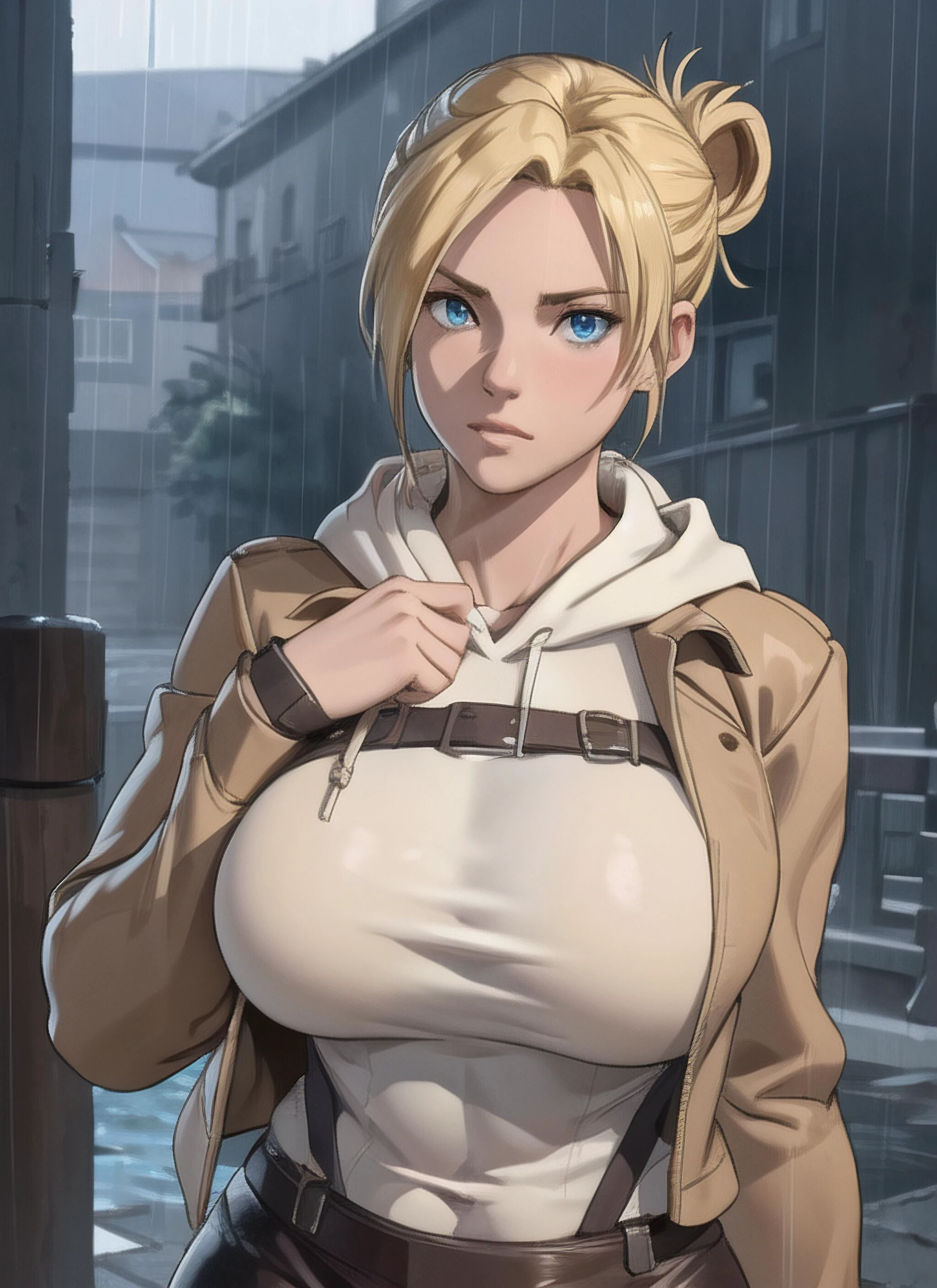 3d picture, 8k, digital painting, high details, raining,
mature woman, pretty face, detailed face, (huge tits, large breasts), wide hips, tight clothes, wet cloths,
<lora:muscle_mommy:0.6> , muscle mommy, muscular female, mature female, muscles, abs, biceps,
<lora:3DMM_V12:0.45> , 3DMM,
<lora:Annie:0.5> , annie_leonhardt, blonde, hair bun, hood down, hoodie, brown jacket, open clothes, paradis military uniform, straps,