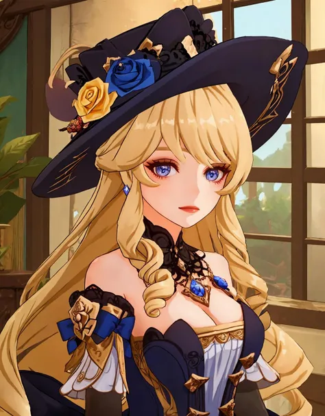 1girl, long hair,rose,decorations, blue eyes,big witch hat,blonde hair,bangs,upper body, looking at viewer,close up,braid,cleavage, genshin impact, indoors,