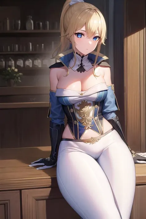 jeangunnhildr, <lora:jeangunnhildrv0.5-lora-nochekaiser:1>,
jean, blonde hair, blue eyes, hair between eyes, medium hair, ponytail,
BREAK black gloves, blue capelet, capelet, cleavage, corset, detached sleeves, gloves, pants, strapless, (white pants:1.5),
BREAK indoors, castle,
BREAK looking at viewer, (cowboy shot:1.5),
BREAK <lyco:GoodHands-beta2:1>, (masterpiece:1.2), best quality, high resolution, unity 8k wallpaper, (illustration:0.8), (beautiful detailed eyes:1.6), extremely detailed face, perfect lighting, extremely detailed CG, (perfect hands, perfect anatomy),