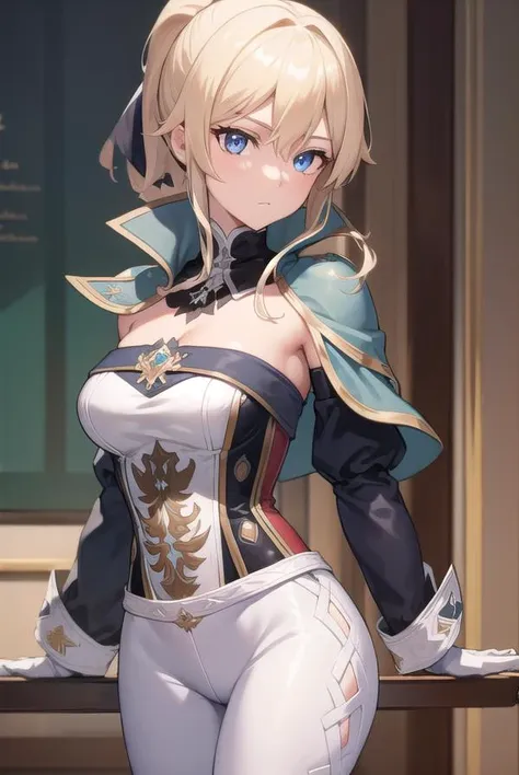 jeangunnhildr, <lora:jeangunnhildrv0.5-lora-nochekaiser:1>,
jean, blonde hair, blue eyes, hair between eyes, medium hair, ponytail,
BREAK black gloves, blue capelet, capelet, cleavage, corset, detached sleeves, gloves, pants, strapless, (white pants:1.5),
BREAK indoors, castle,
BREAK looking at viewer, (cowboy shot:1.5),
BREAK <lyco:GoodHands-beta2:1>, (masterpiece:1.2), best quality, high resolution, unity 8k wallpaper, (illustration:0.8), (beautiful detailed eyes:1.6), extremely detailed face, perfect lighting, extremely detailed CG, (perfect hands, perfect anatomy),