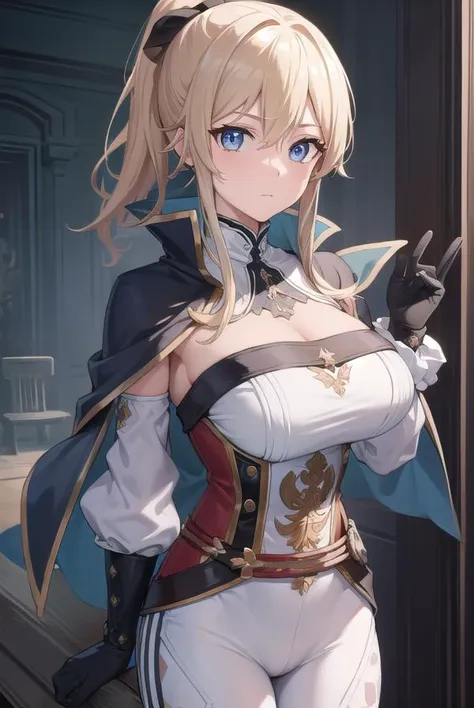 jeangunnhildr, <lora:jeangunnhildrv0.5-lora-nochekaiser:1>,
jean, blonde hair, blue eyes, hair between eyes, medium hair, ponytail,
BREAK black gloves, blue capelet, capelet, cleavage, corset, detached sleeves, gloves, pants, strapless, (white pants:1.5),
BREAK indoors, castle,
BREAK looking at viewer, (cowboy shot:1.5),
BREAK <lyco:GoodHands-beta2:1>, (masterpiece:1.2), best quality, high resolution, unity 8k wallpaper, (illustration:0.8), (beautiful detailed eyes:1.6), extremely detailed face, perfect lighting, extremely detailed CG, (perfect hands, perfect anatomy),