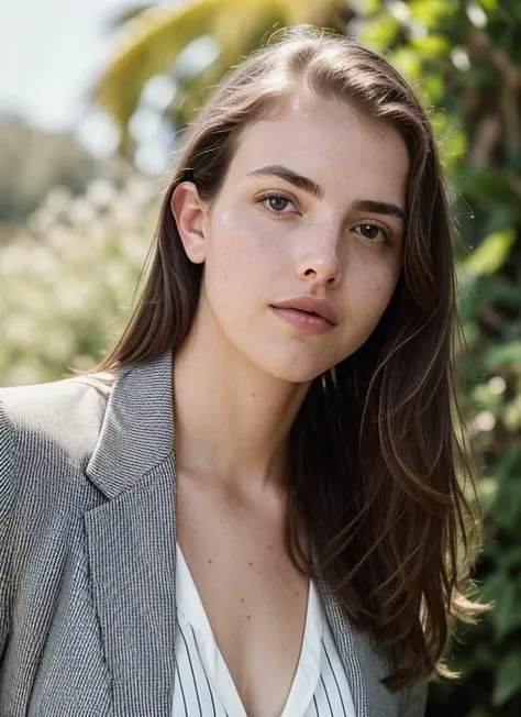 A stunning intricate color close up portrait of (sks woman:1) , wearing Striped blazer and dress pants, epic character composition, sharp focus, natural lighting, subsurface scattering, f2, 35mm, film grain, , by Edward Weston, <lora:lora-small-alex-botez-v1:1>
