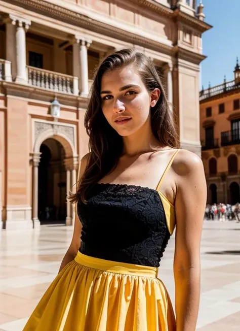 portrait of sks woman in Seville, at the Plaza de Espaa, by Flora Borsi, style by Flora Borsi, bold, bright colours, ((Flora Borsi)), by William Eggleston, <lora:lora-small-alex-botez-v1:1>