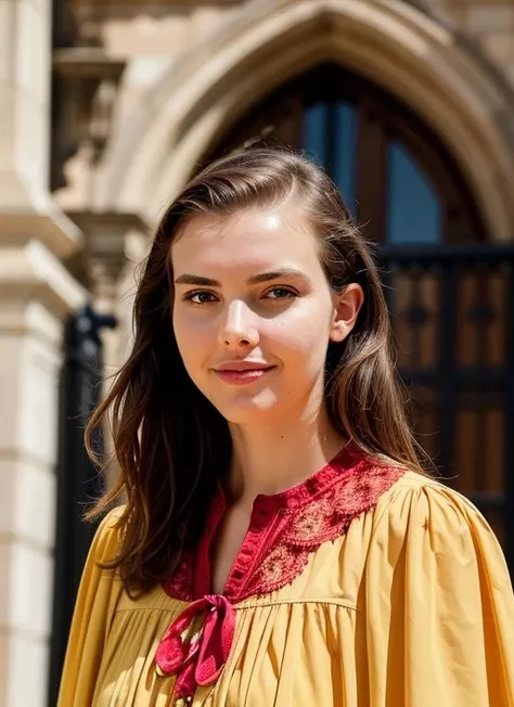 portrait of sks woman in Prague, at the Prague Castle, by Flora Borsi, style by Flora Borsi, bold, bright colours, ((Flora Borsi)), by Tim Walker, <lora:lora-small-alex-botez-v1:1>