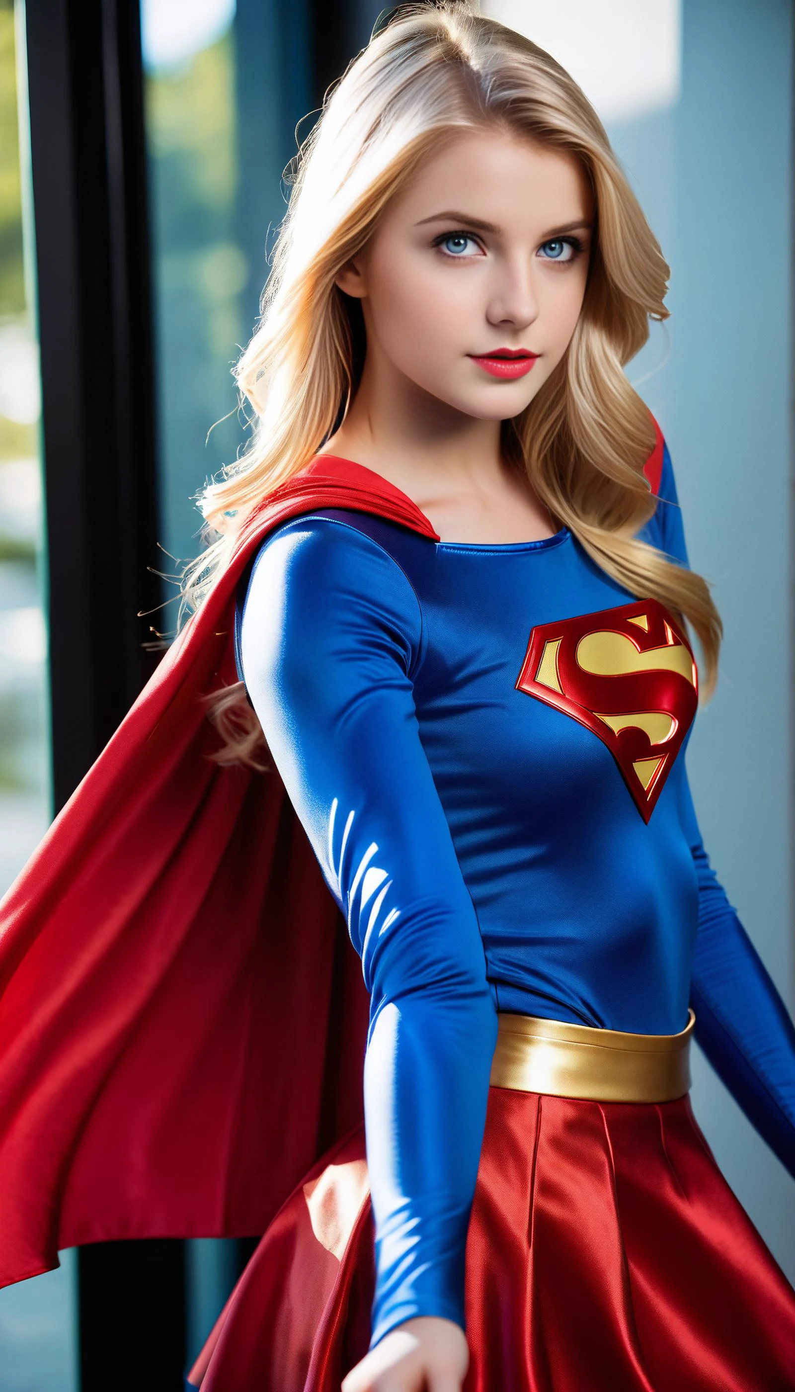Best quality, masterpiece, extremely detailed eyes and face, (extremely detailed full body photography), ((realistic photo of a girl wearing supergirl_cosplay_outfit with feminine red mini_skirt)), highly detailed, (beautiful detailed blue eyes), (perfect hands),beautiful detailed face and body, an extremely delicate and beautiful, ((realistic)), "raw photo", PHOTO, PHOTOGRAPHY, "photo realistic", perfect body, (C cup breasts), blonde beauty wearing supergirl costume at a party, (stunningly beautiful 18-year-old girl) light blue eyes, emphasizing facial features and allure, gentle shadows to enhance her perfect skin, <lora:Picture_enhancer:0.8> <lora:ReaLora:0.8> <lora:windyupskirt_SDXL:0.7> <lora:Supergirl Suit:1> <lora:Fine_Tuned_Detailed_Eyes:1> <lora:Perfect Hands:1>