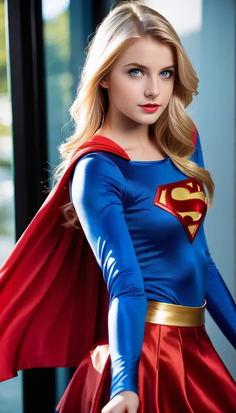 Best quality, masterpiece, extremely detailed eyes and face, (extremely detailed full body photography), ((realistic photo of a girl wearing supergirl_cosplay_outfit with feminine red mini_skirt)), highly detailed, (beautiful detailed blue eyes), (perfect hands),beautiful detailed face and body, an extremely delicate and beautiful, ((realistic)),  "raw photo", PHOTO, PHOTOGRAPHY, "photo realistic", perfect body,  (C cup breasts), blonde beauty wearing supergirl costume at a party,  (stunningly beautiful 18-year-old girl) light blue eyes, emphasizing facial features and allure, gentle shadows to enhance her perfect skin, <lora:Picture_enhancer:0.8> <lora:ReaLora:0.8> <lora:windyupskirt_SDXL:0.7> <lora:Supergirl Suit:1> <lora:Fine_Tuned_Detailed_Eyes:1> <lora:Perfect Hands:1>