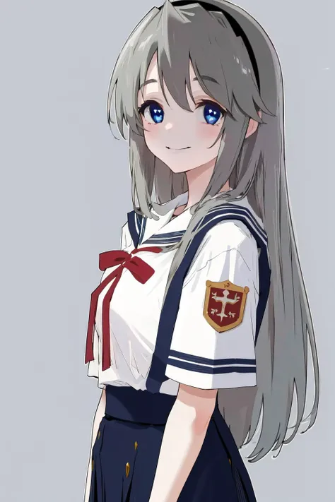 masterpiece, best quality, highres, 1girl tomoyo sakagami black hairband blue eyes, serafuku short sleeves red ribbon blue skirt <lora:tomoyo_sakagami:1> from side, looking at viewer, smile