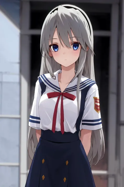 masterpiece, best quality, highres, 1girl tomoyo sakagami black hairband blue eyes, serafuku short sleeves red ribbon blue skirt <lora:tomoyo_sakagami:1> standing, leaning forward, arms behind back