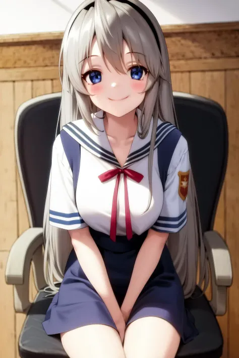 masterpiece, best quality, highres, 1girl tomoyo sakagami black hairband blue eyes, serafuku short sleeves red ribbon blue skirt <lora:tomoyo_sakagami:1> sitting on chair, smile
