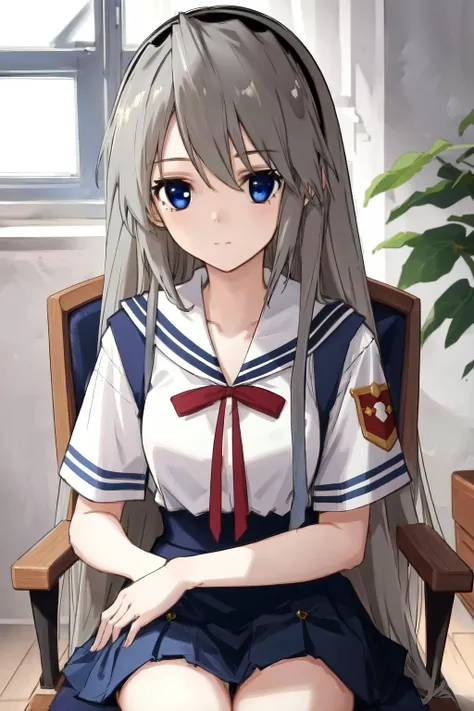 masterpiece, best quality, highres, 1girl tomoyo sakagami black hairband blue eyes, serafuku short sleeves red ribbon blue skirt <lora:tomoyo_sakagami:1> sitting on chair