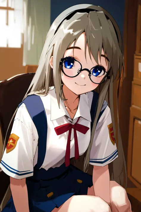 masterpiece, best quality, highres, 1girl tomoyo sakagami black hairband blue eyes <lora:tomoyo_sakagami:1> white shirt, glasses, smile, sitting