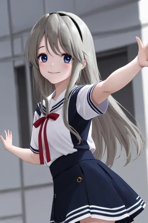 masterpiece, best quality, highres, 1girl tomoyo sakagami black hairband blue eyes, serafuku short sleeves red ribbon blue skirt <lora:tomoyo_sakagami:1> outstretched arms, reaching out, smile
