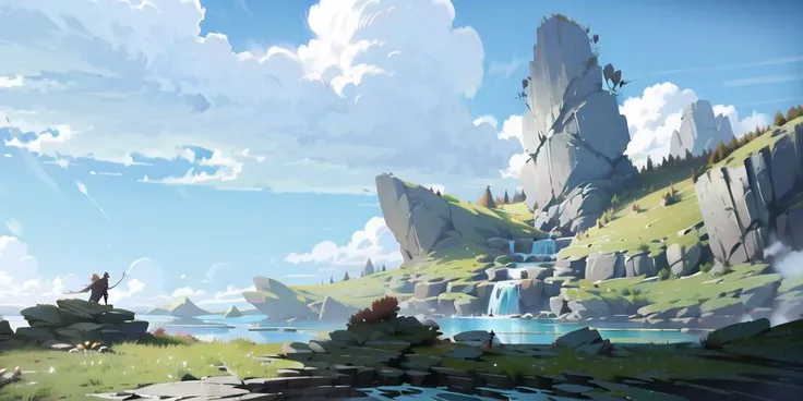 ({{highres,}},masterpiece,ultra-detailed,best quality,8k)cloud, sky, scenery, day, blue_sky, mountain, cloudy_sky, outdoors, waterfall, fantasy, horizon, cliff, rock, water, landscape, mountainous_horizon, ocean, tree, river, floating_island