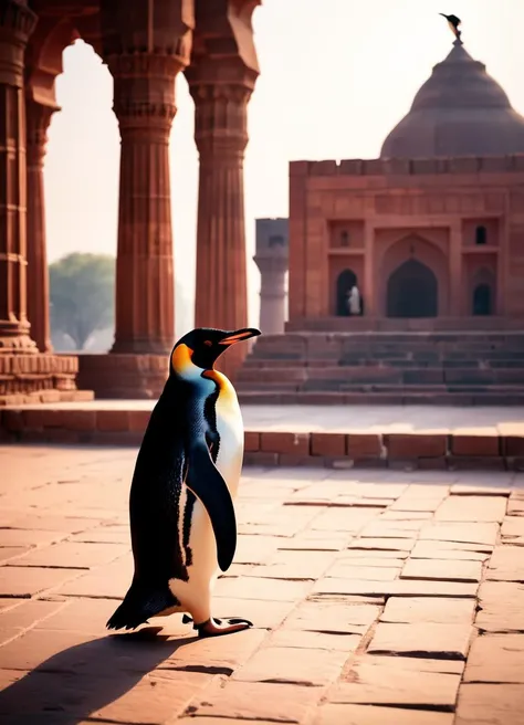 a (penguin:1.3) visiting Qutub Minar in New Delhi, subsurface scattering, Photorealistic, Hyperrealistic, analog style, realistic, film photography, soft lighting, heavy shadow