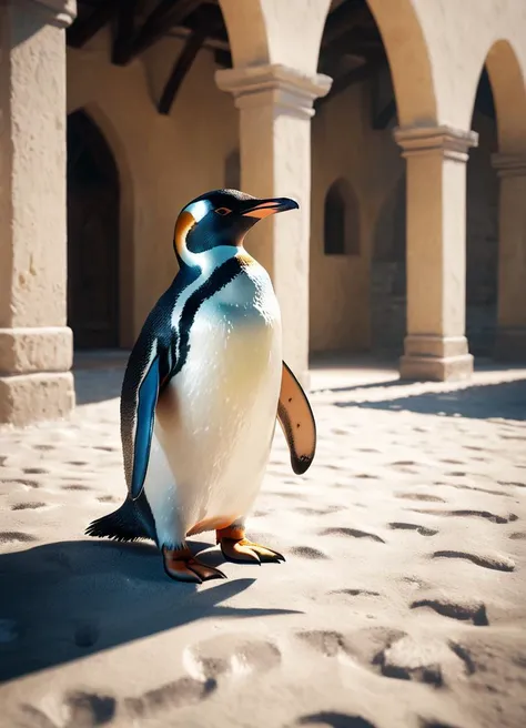 a (penguin:1.3) visiting Spaso-Evfimiev Monastery, subsurface scattering, Photorealistic, Hyperrealistic, analog style, realistic, film photography, soft lighting, heavy shadow