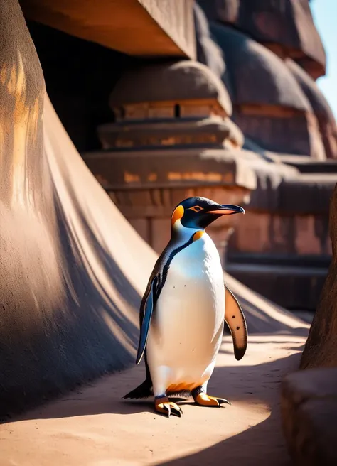 a (penguin:1.3) visiting Sigiriya Fortress, subsurface scattering, Photorealistic, Hyperrealistic, analog style, realistic, film photography, soft lighting, heavy shadow