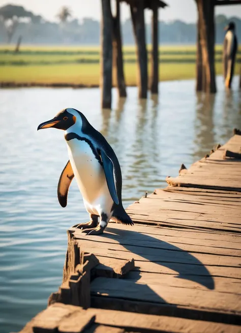 a (penguin:1.3) visiting U Bein Bridge in Myanmar, subsurface scattering, Photorealistic, Hyperrealistic, analog style, realistic, film photography, soft lighting, heavy shadow