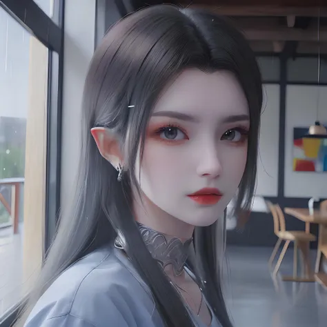 (Night:1.1),Rain,Light blue shirt,Moon,Best quality,High resolution,Perfect painting,a girl,Silver gray long hair,Oversized floor-to-ceiling windows,<lora:Chuan_style:0.8:HUA>,(beautiful:1.3),upper body,Look at me,<lora:Medusa_gxc:0.8>,Facial Close-up,