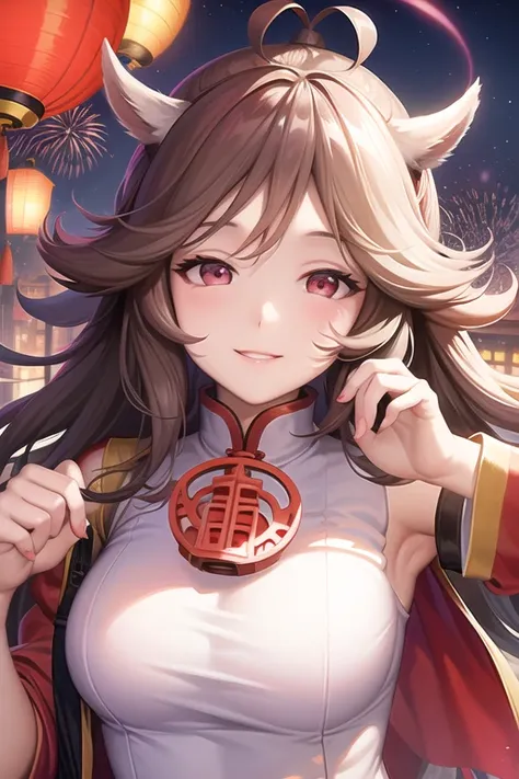 sfw,long hair woman light makeup smile happily,(solo:1.5),wearing chinese dress,(close-up portrait), dynamic pose,Holding a rabbit, Night view of ancient Chinese architectural streets,big rabbit lantern on background,Gorgeous fireworks,The Red Lantern,horn,<lora:Aiyafala:1>