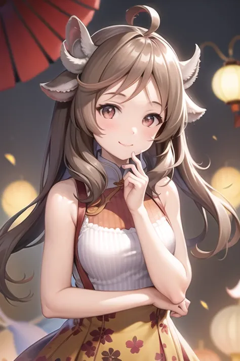 sfw,1girl,horn, animal_ears, bangs, bare_shoulders, blurry, blurry_background, blush, breasts, brown_eyes, china_dress, chinese_clothes, closed_mouth, depth_of_field, dress, floral_print, lantern, looking_at_viewer, paper_lantern, print_dress, sleeveless, sleeveless_dress, smile, solo, upper_body, white_dress,<lora:Aiyafala:1>