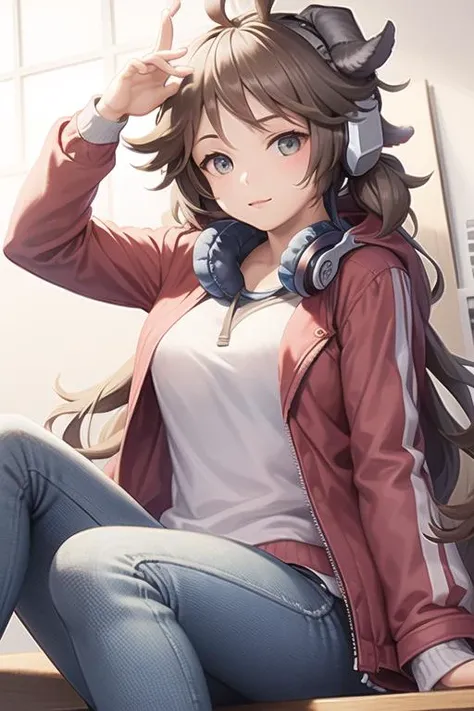 1girl,(((jacket,headphones,jeans,sitting,horn))),,chair,<lora:Aiyafala:1>