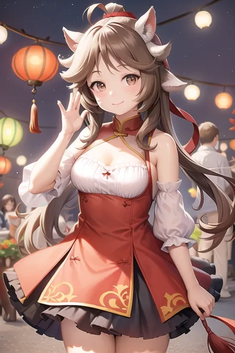 1girl, animal_ears, bangs, bare_shoulders, blurry, blurry_background, blush, breasts, brown_eyes, china_dress, chinese_clothes, closed_mouth, depth_of_field, dress, floral_print, lantern, looking_at_viewer, paper_lantern, print_dress, sleeveless, sleeveless_dress, smile, solo, upper_body, white_dress,horn,<lora:Aiyafala:1>