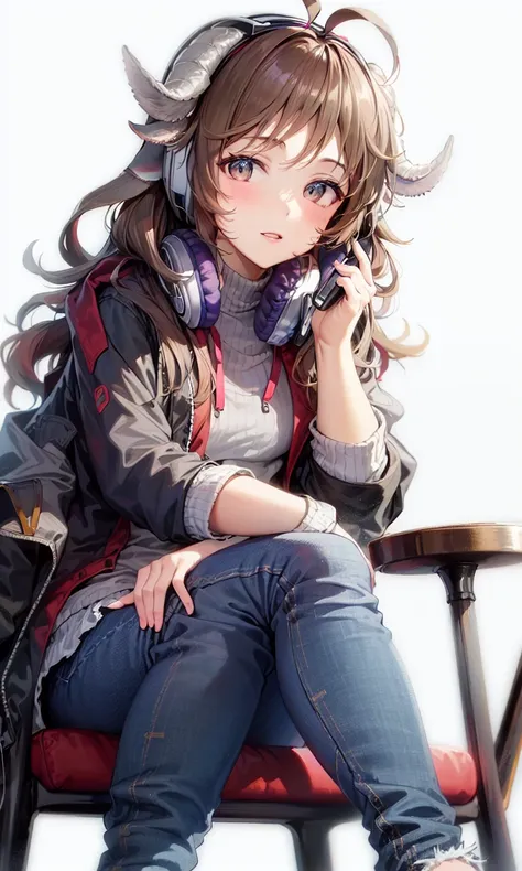 1girl,(((jacket,headphones,jeans,sitting,horn))),,chair