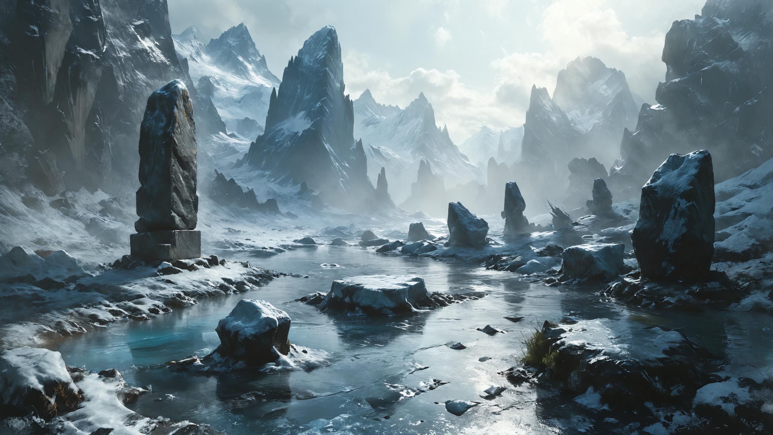 There is a mountain scene with a stream running through it - SeaArt AI
