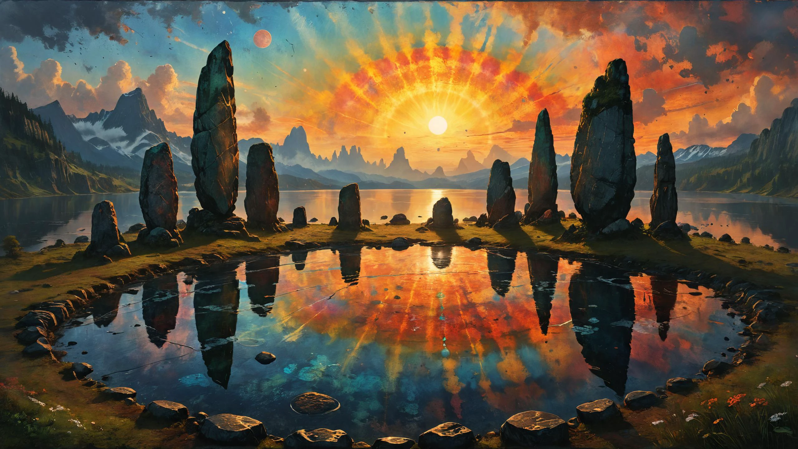 photorealistic detailed digital illustration of a circle of mad-tiedye standing stones, Crater lakes shimmering with liquid silver in the background,, visually stunning, trending on Artstation, award-winning, art by Studio Ghibli, by Greg Rutkowski <lora:Colorful_Tie-Dye_SDXL:0.7> <lora:detailed_notrigger:0.8> <lora:Lost_In_Dreams:0.6>