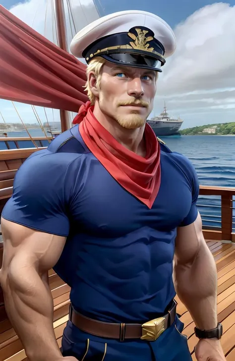 (RAW photo), <lora:CaptainTenillePhotorealistic:0.8>, captaintenille, muscular ship captain dilf, blond hair, short hair, 1boy, white captain's hat, red neckerchief, blue shirt, boat deck