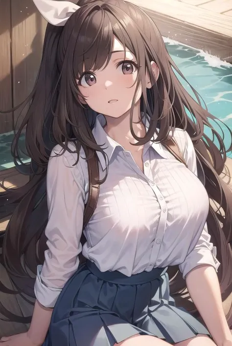 Very detailed, High resolution, (practical, Realistically: 1.4), 8k, RAW Photos, (Highest quality), Physically Based Rendering, Female university student, Brown long hair, Beach, White Shirt、skirt,Large Breasts,white transparent