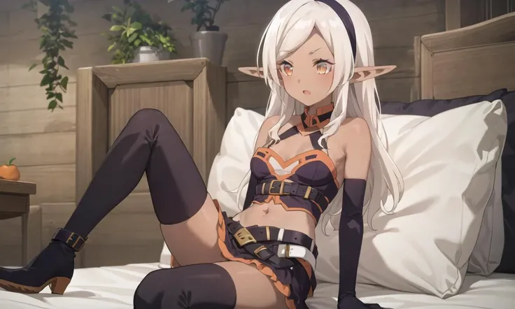 masterpiece, best quality, 1 girl, medium breasts, bed, <lora:yuIsekaiNonbiriNouka_v10:1>, elf, orange eyes, long hair, pointy ears, navel, dark skin, black hairband, belt, blonde hair, detached sleeves, bare shoulders, navel cutout, bangs, thighhighs, skirt, boots