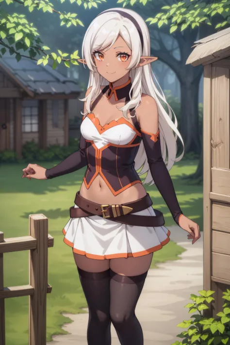 best quality, masterpiece, highly detailed,
<lora:chara_IsekaiNonbiriNouka_Yaa_v2:0.7>, yaa,
solo, light smile, closed mouth,
dark skin, blonde hair, long hair, orange eyes, pointy ears, hairband, small breasts,
short dress, clothing cutout, midriff, choker, belt, thighhighs,
standing, looking at the viewer,
outdoors, tree, house, wood