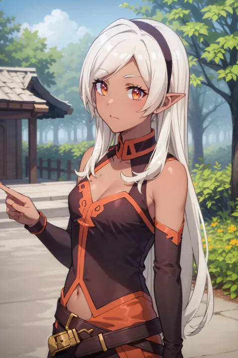 best quality, masterpiece, highly detailed,
<lora:chara_IsekaiNonbiriNouka_Yaa_v2:0.7>, yaa,
solo, closed mouth,
dark skin, blonde hair, long hair, orange eyes, pointy ears, hairband, small breasts,
short dress, clothing cutout, midriff, choker, belt, thighhighs,
upper body, standing, looking at the viewer,
outdoors, tree, house, wood