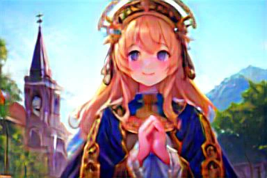 (masterpiece), (best quality), (extremely detailed), (1girl), solo, (pretty cute girl), looking at viewer, smile, slender, evenly sized eyes, extremely detailed eyes, priestess, hair ornament, upper body, (grand church of the exaltation of the holy cross steeple), outdoors, wide shot, extremely detailed wallpaper, (completely detailed features), 16k, UHD, own hands together, â¦ï¸